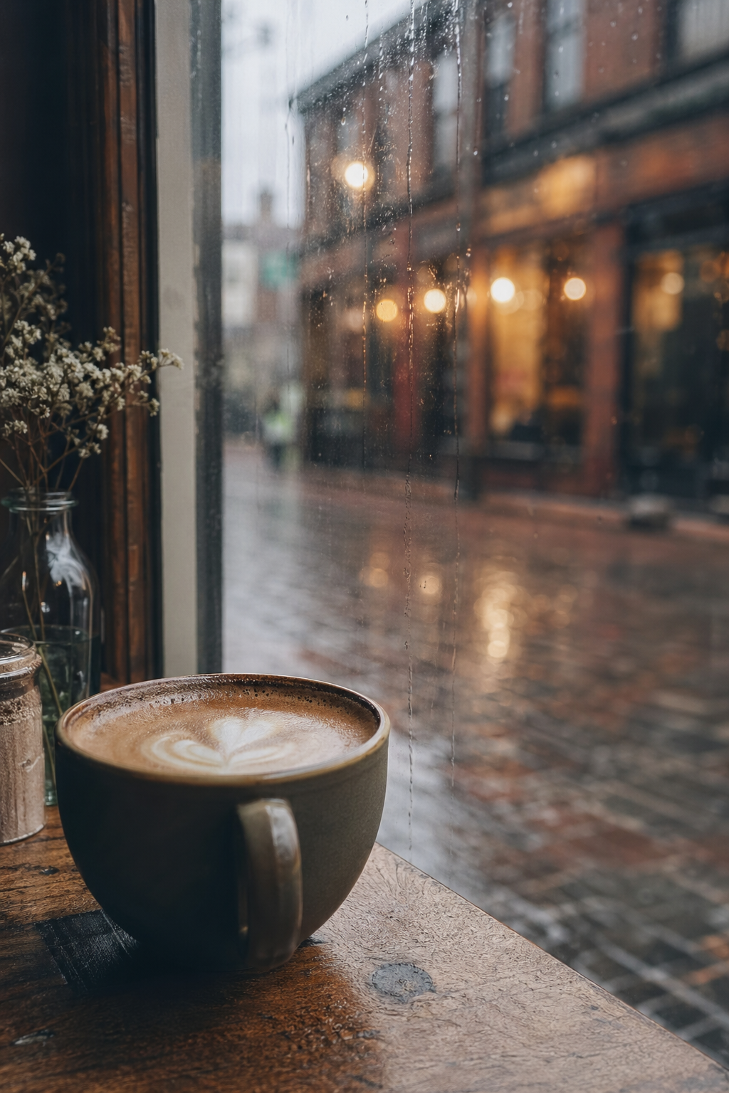A coffee beside a rain-streaked Liverpool cafe window with warm lights and wet streets outside.