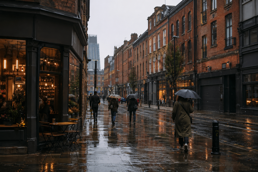 A rainy Liverpool street near Ropewalks with wet pavements, warm cafe windows, and people using umbrellas.