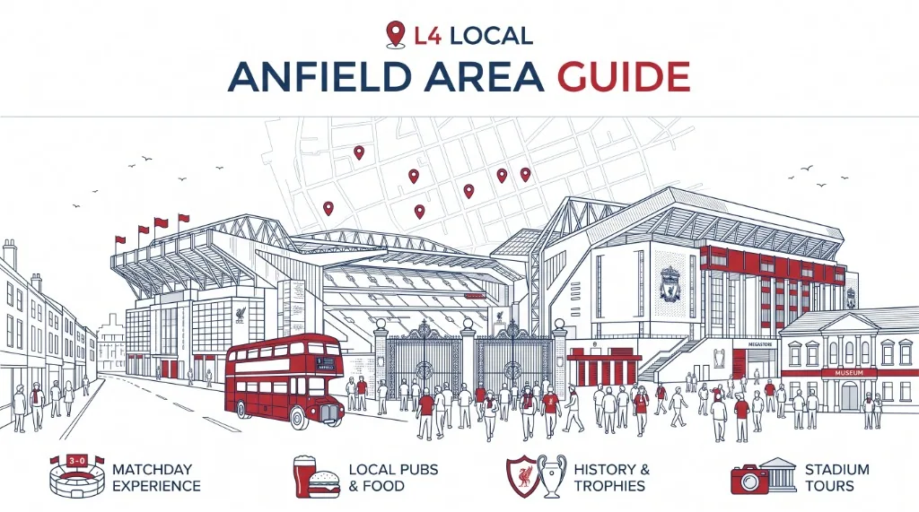 L1 Local: Anfield Area Guide illustration showing Anfield Stadium, matchday bus, Paisley Gates and local supporters