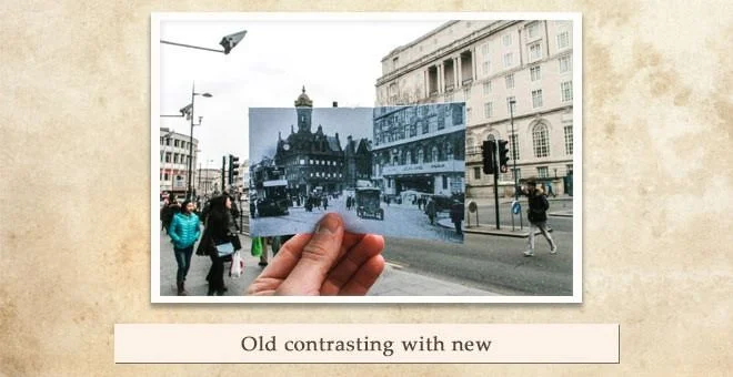 A hand holding an early 20th century photograph of the Adelphi Hotel up against the same view of Ranelagh Place today