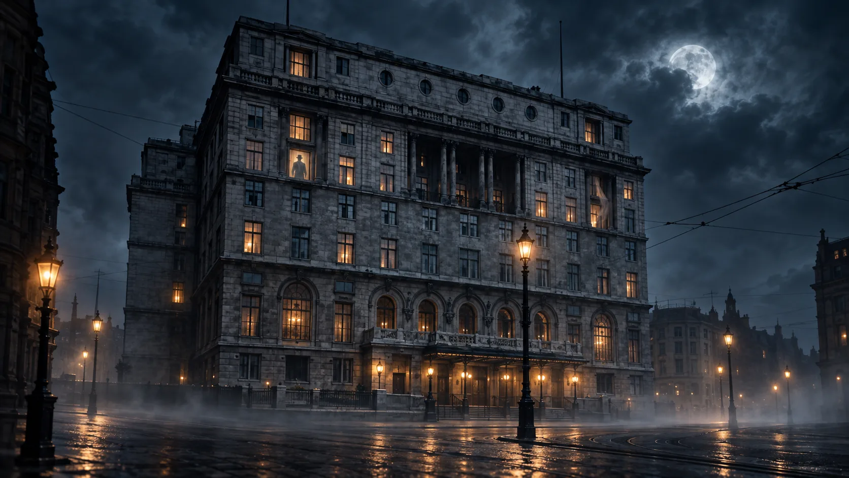 The Adelphi Hotel in Liverpool at night under a full moon, lit windows above a wet cobbled street with a shadowy figure standing in one upper window