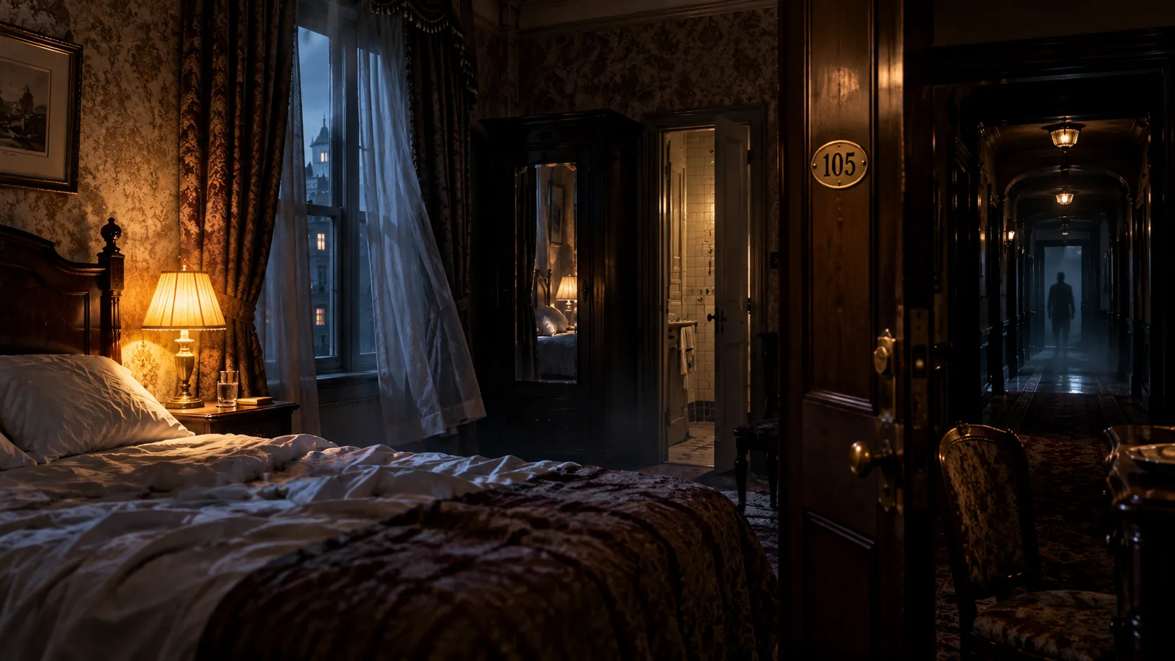 Illustration of a dim hotel bedroom with an open door marked 105 and a shadowy figure standing at the far end of the corridor