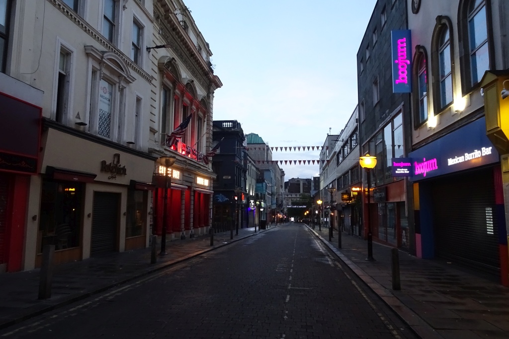 Bold Street in Liverpool city centre at dawn, with restaurant and bar fronts on both sides of the road