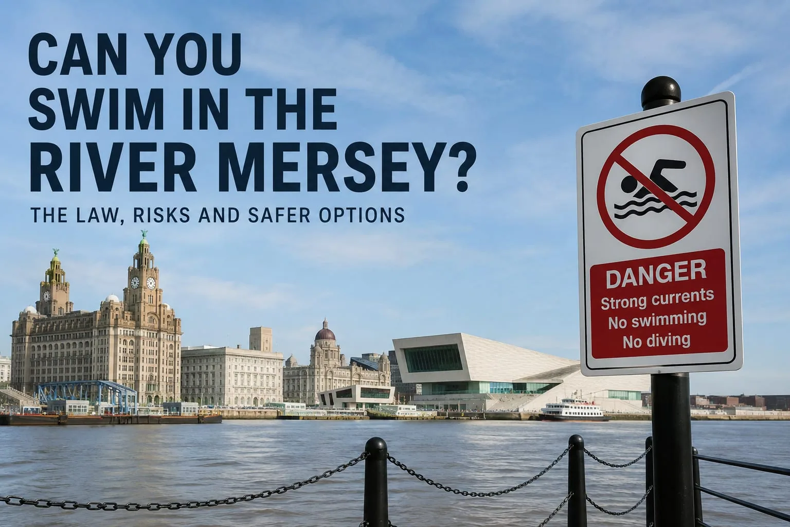 A red and white sign reading Danger, strong currents, no swimming, no diving on railings at the Liverpool waterfront, with the Royal Liver Building and the Museum of Liverpool across the water