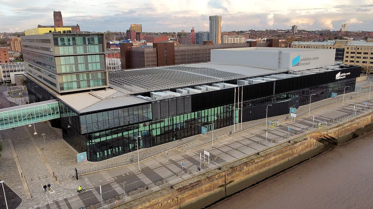 Aerial view of the Exhibition Centre Liverpool beside the River Mersey at King's Dock