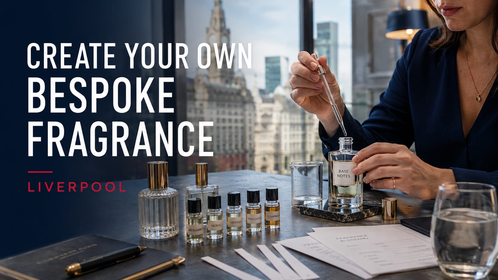 A person in a navy suit using a pipette to blend perfume from small labelled bottles at a table, with Liverpool's Royal Liver Building through the window