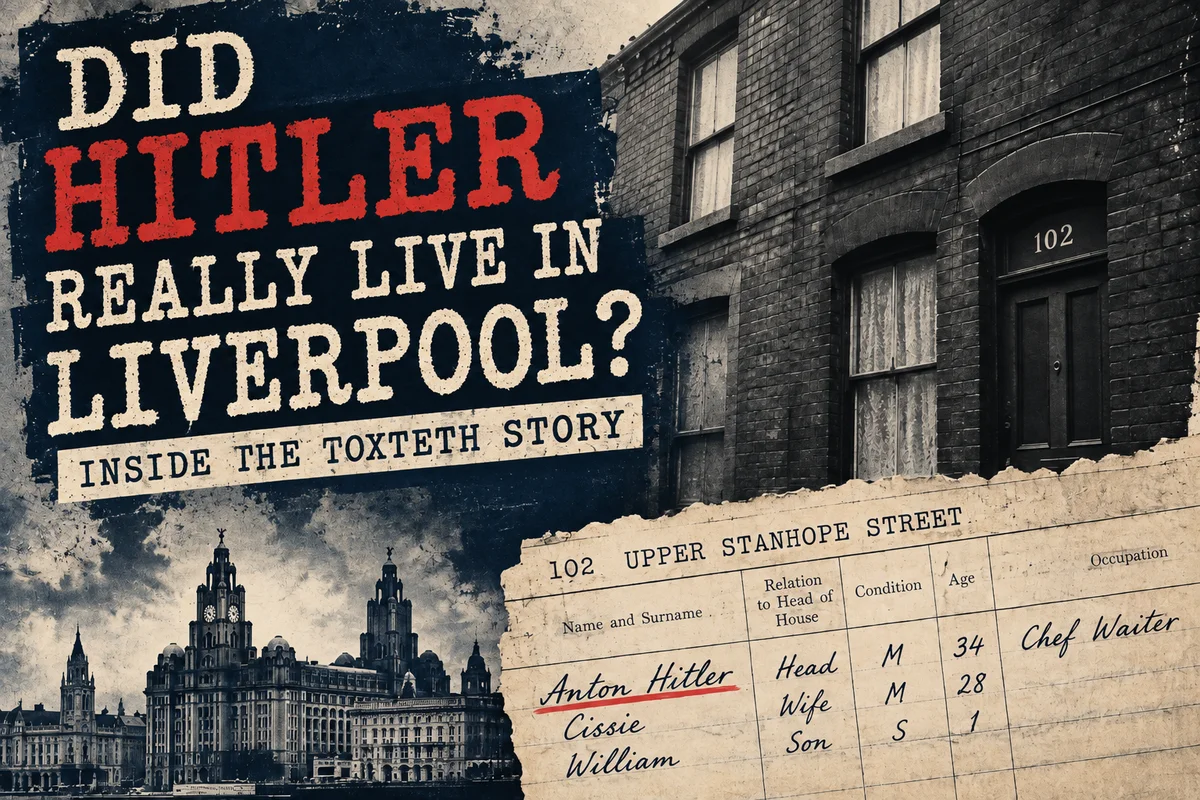 Title card reading Did Hitler Really Live in Liverpool, Inside the Toxteth Story, with a photo of 102 Upper Stanhope Street and a fragment of the 1911 census.