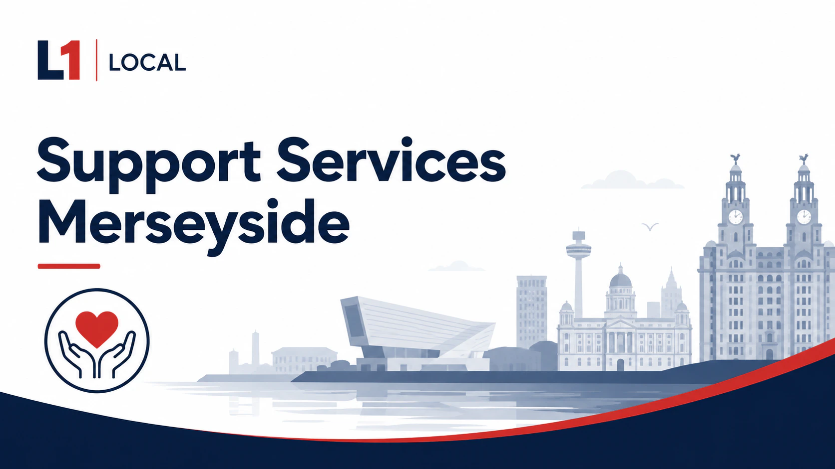 Support Services Merseyside graphic with Liverpool waterfront landmarks and hands holding a heart