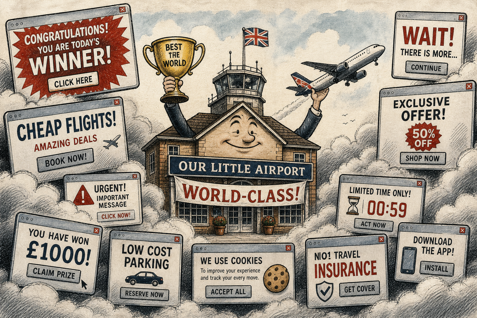 Illustration of a small airport terminal holding a trophy, partly hidden behind a fog of floating pop-up windows and advert boxes