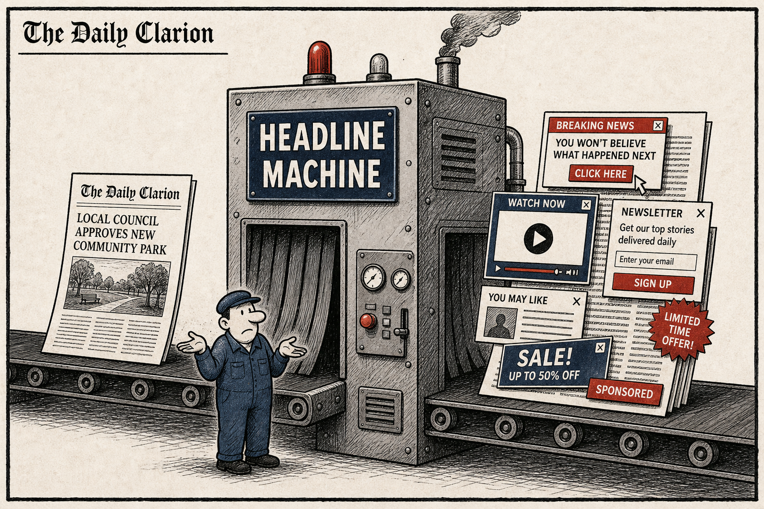 Illustration of a conveyor belt where a clean newspaper page enters a machine and exits buried under pop-ups, video boxes and adverts