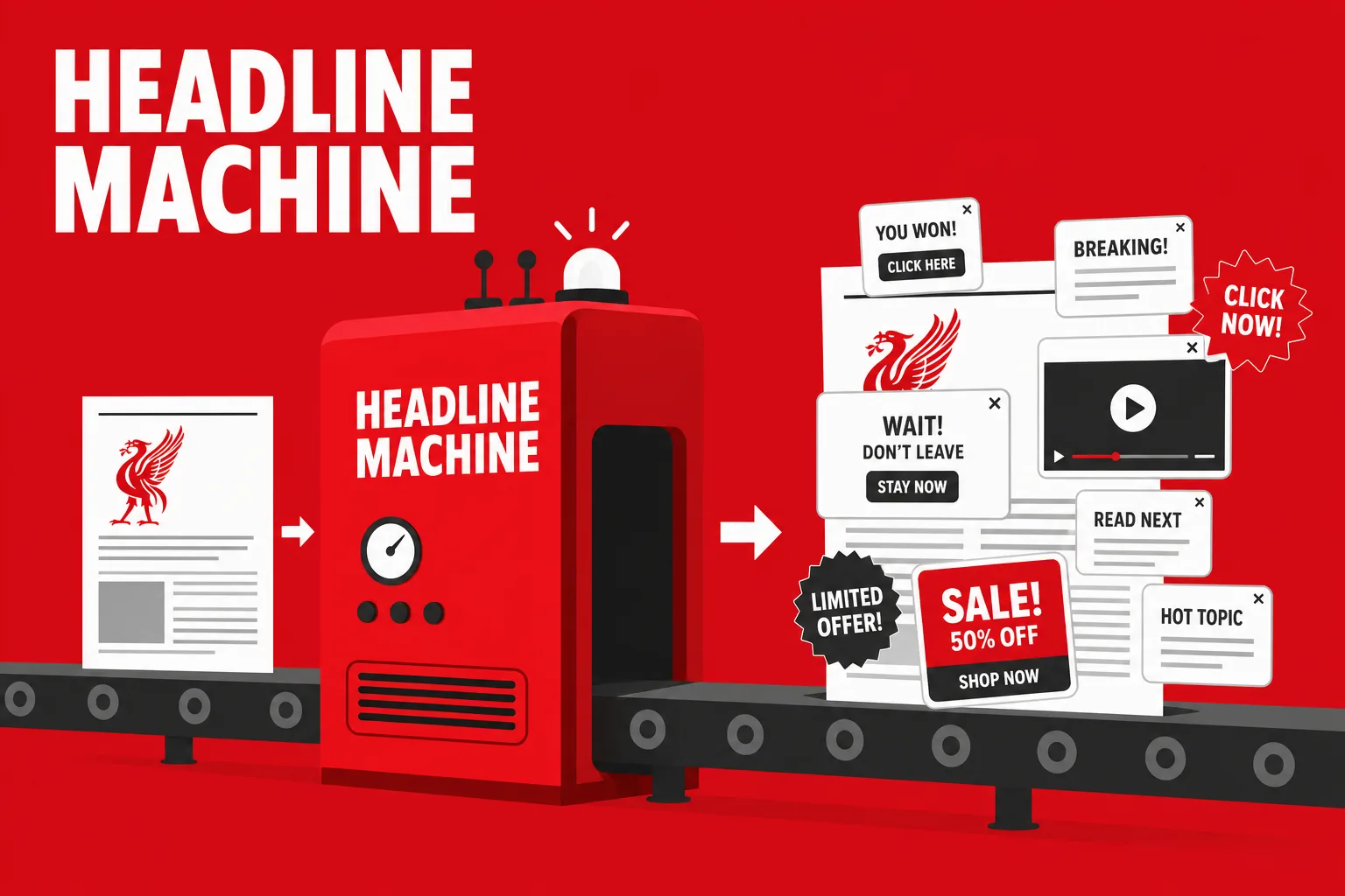 Bold red and white poster of a clean newspaper page entering a headline machine and exiting buried under pop-ups and adverts