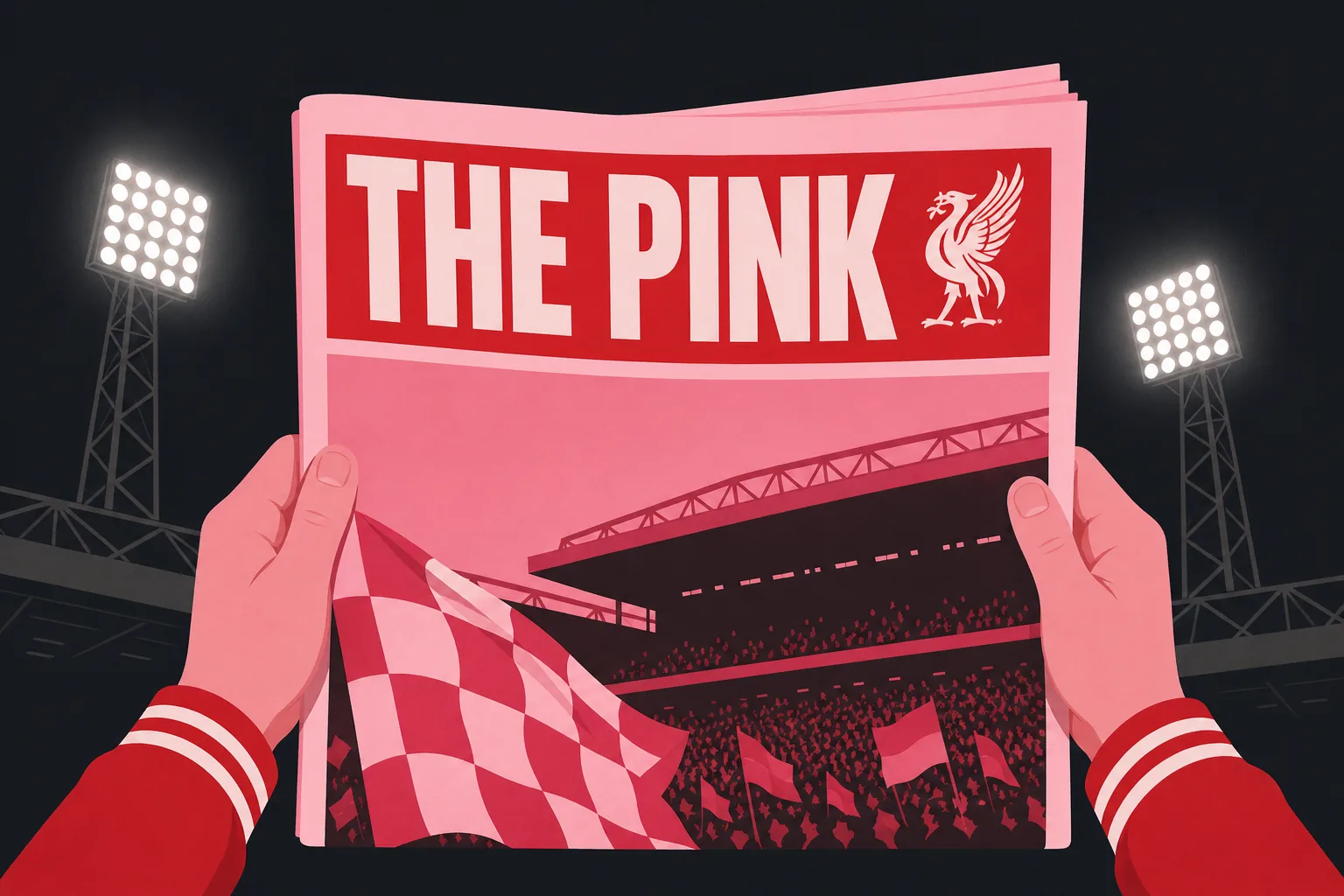 Bold flat poster of hands holding a pink Saturday football paper with stadium floodlights behind