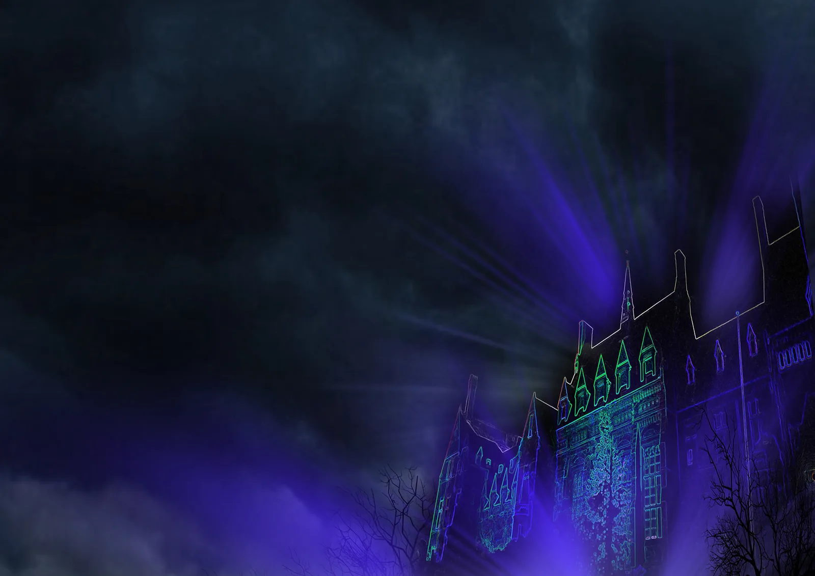 Victorian former Newsham Park Hospital building lit up for Halloween