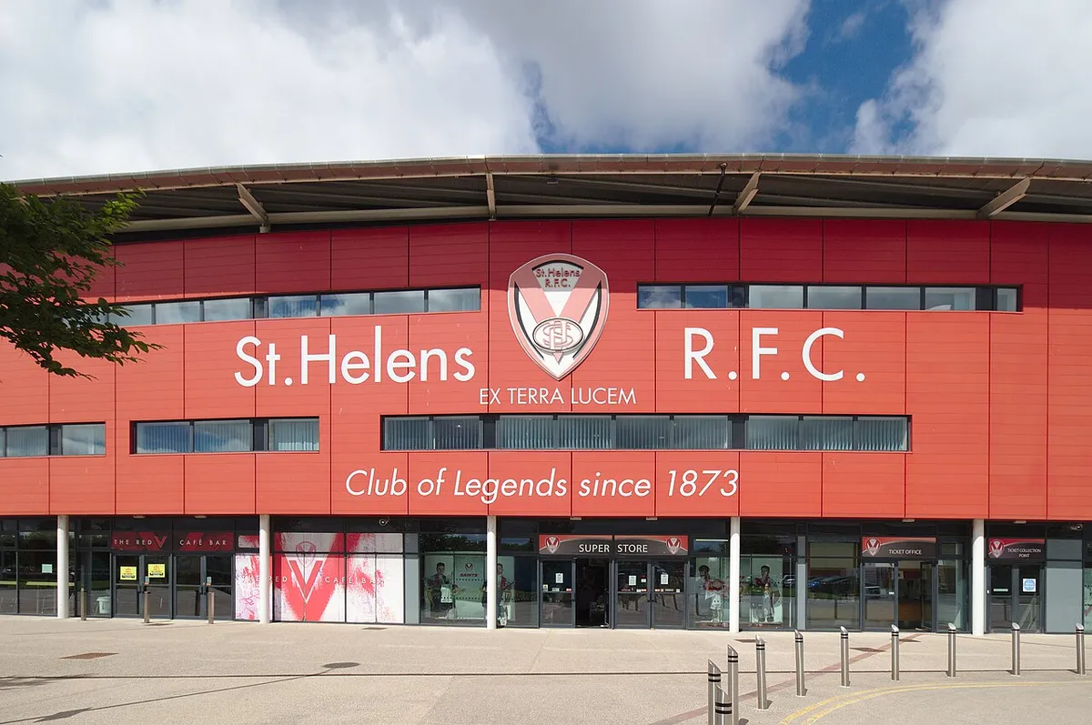 Exterior of the St Helens stadium with the club name and badge on the main frontage