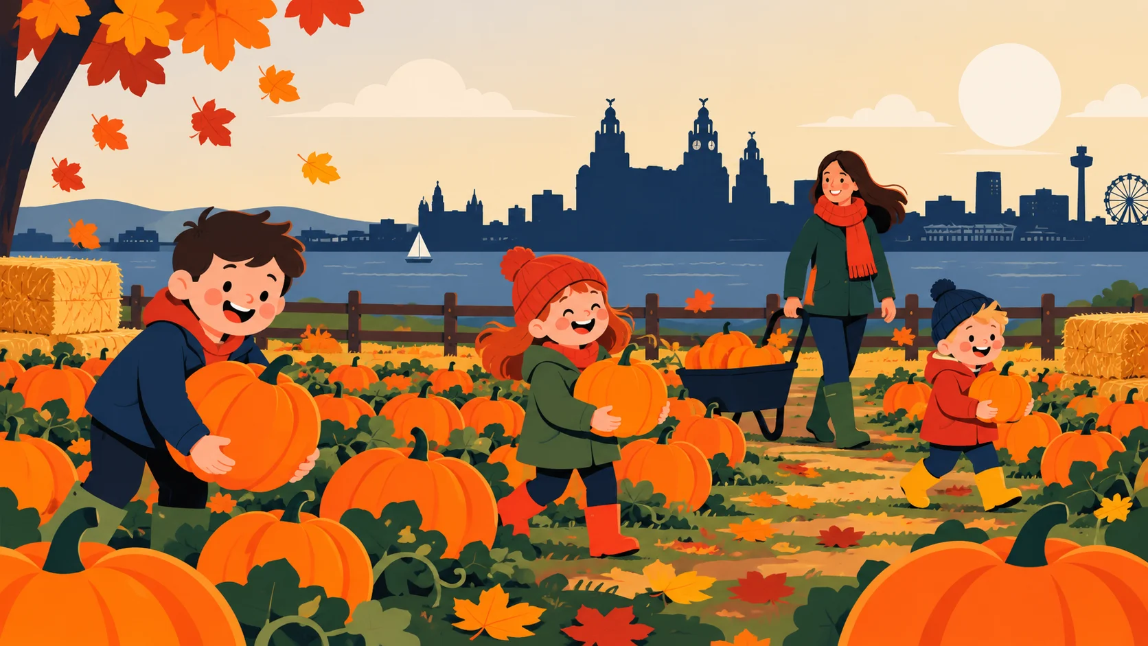 Children carrying pumpkins through a Liverpool pumpkin patch at sunset, with the waterfront skyline behind