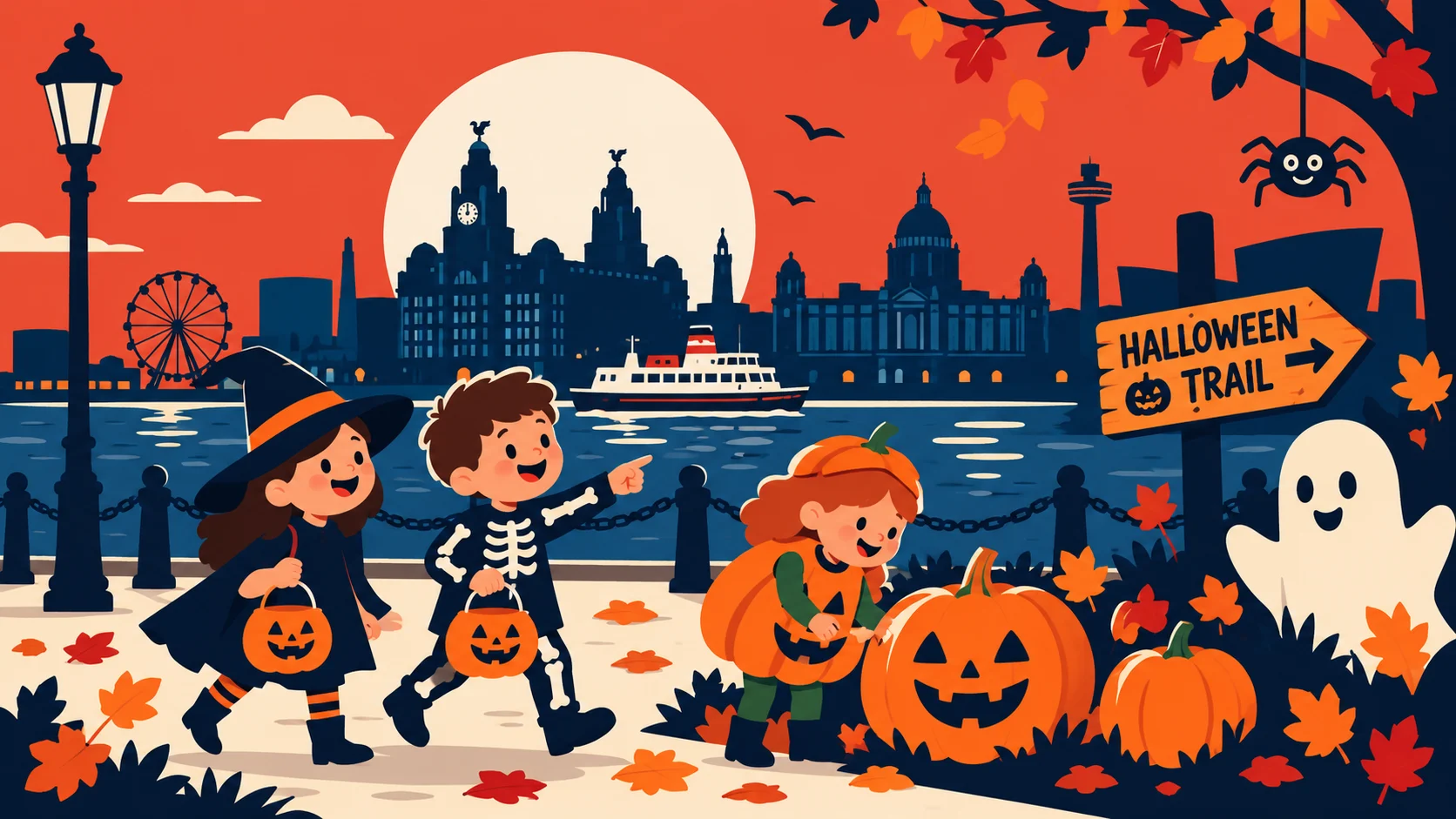 Flat illustration of three children in Halloween costumes walking a waterfront Halloween trail past the Liver Building at dusk, with a sign reading Halloween Trail and a friendly ghost