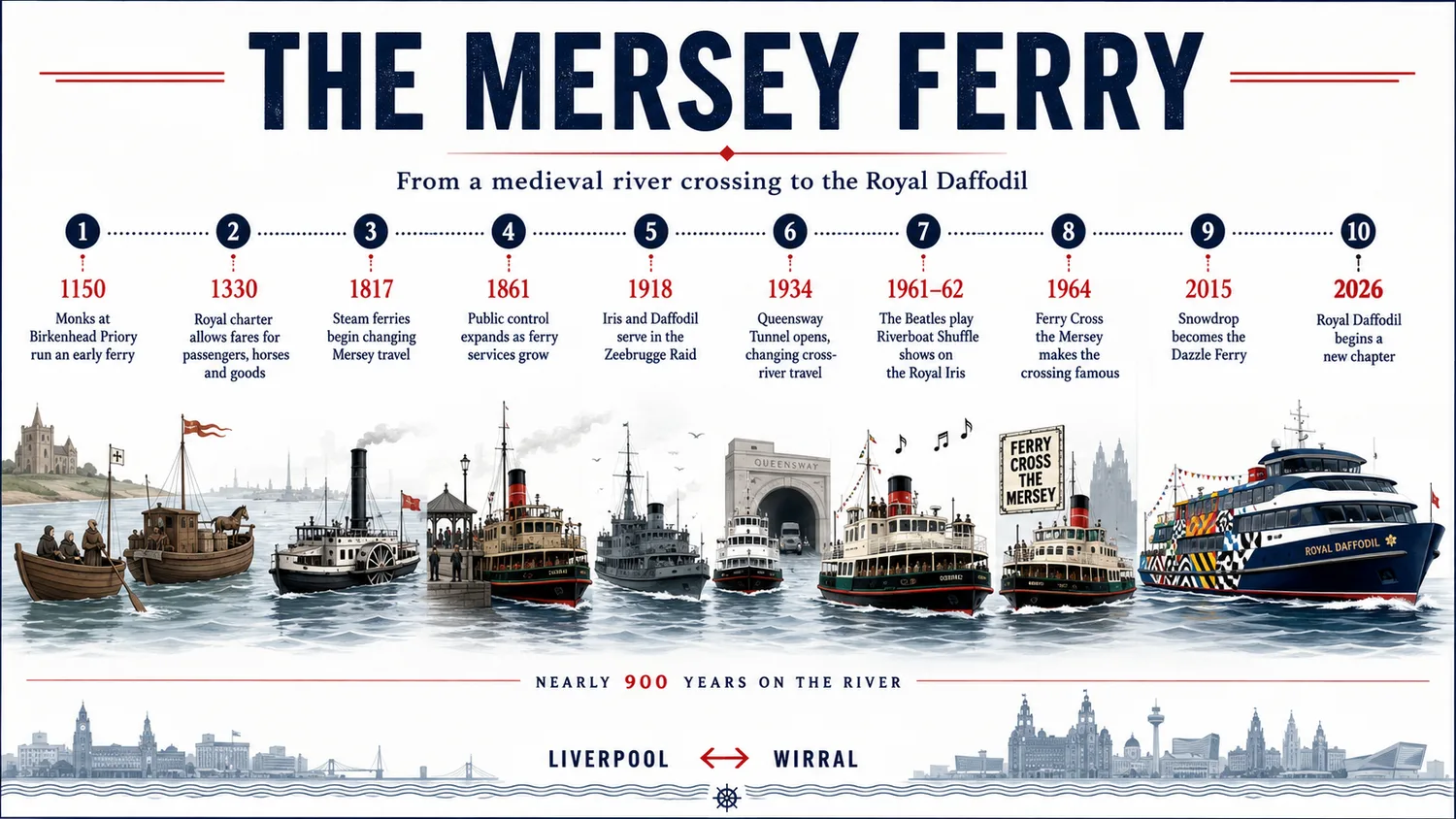 Illustrated timeline of the Mersey Ferry with ten dated stages from monks in 1150 through steam ferries, the Zeebrugge Raid, the Beatles and the Dazzle Ferry to the Royal Daffodil in 2026
