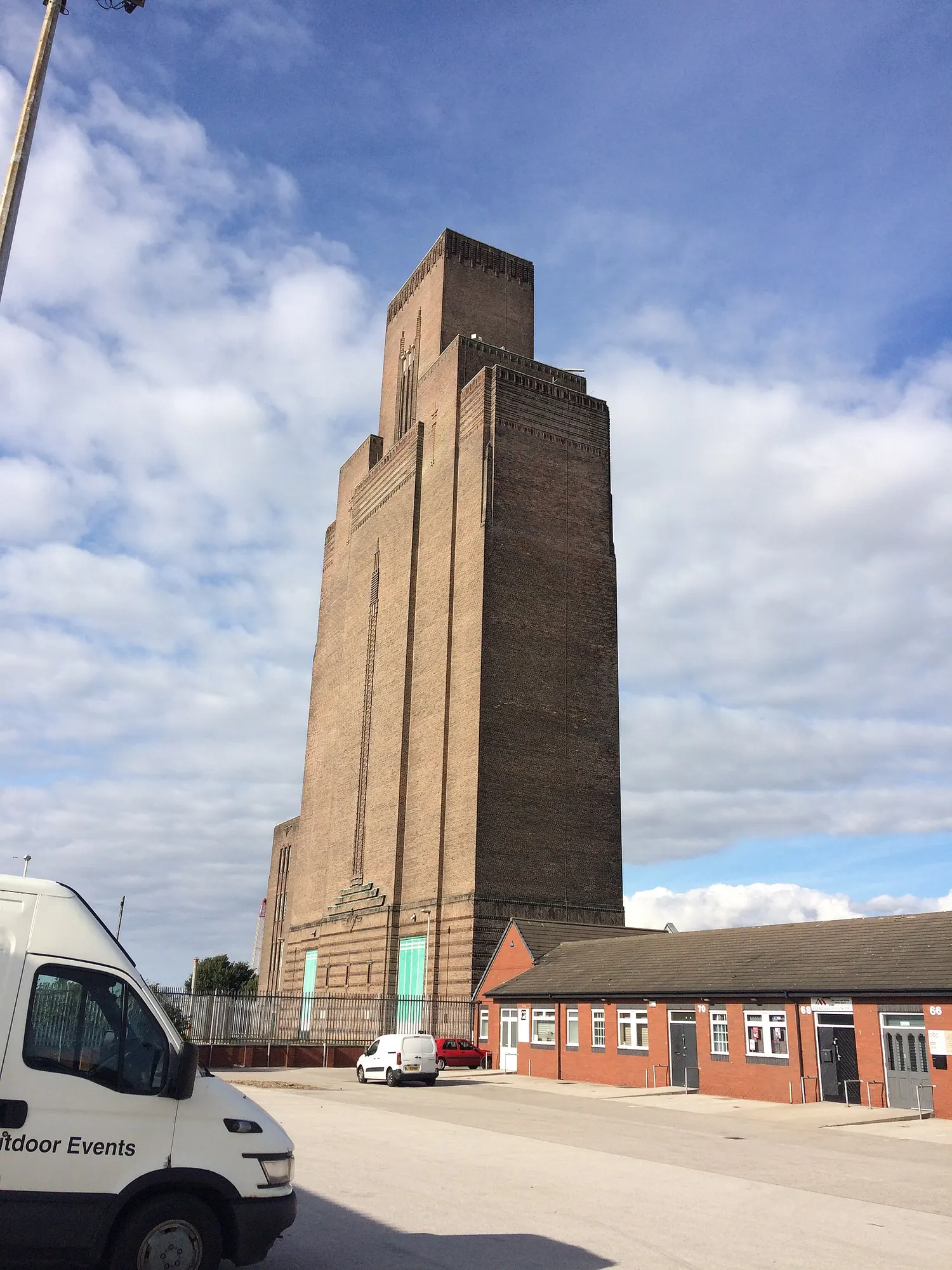 A tall brick and stone ventilation tower for the Mersey tunnel on the Birkenhead side