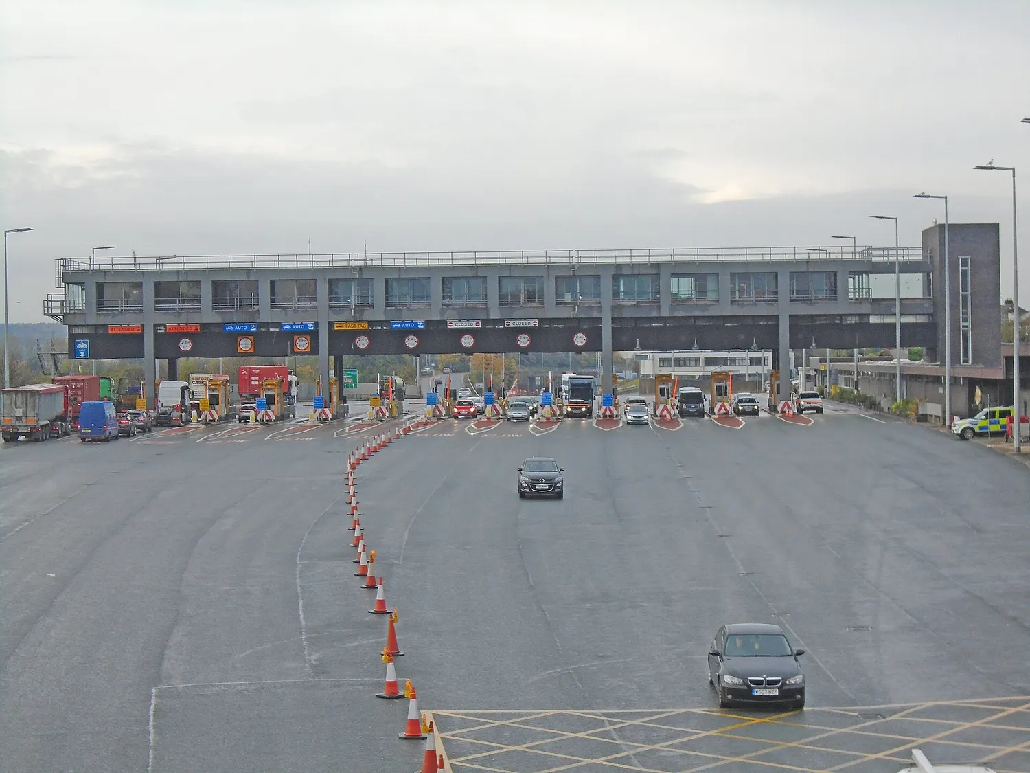 The toll booths at the Kingsway Tunnel with lane signage above