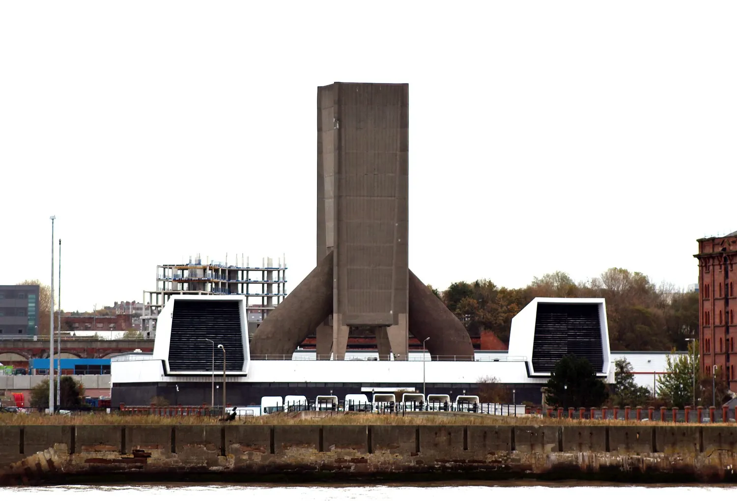 The Kingsway Tunnel ventilation building at Vauxhall in Liverpool, a low modern concrete structure