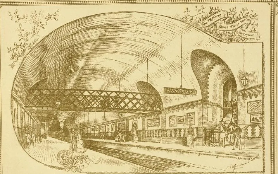 Victorian architectural engraving of James Street station in Liverpool with its tall hydraulic lift tower