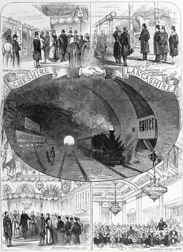 Victorian engraving showing dignitaries at the ceremonial opening of the Mersey Railway tunnel in 1886