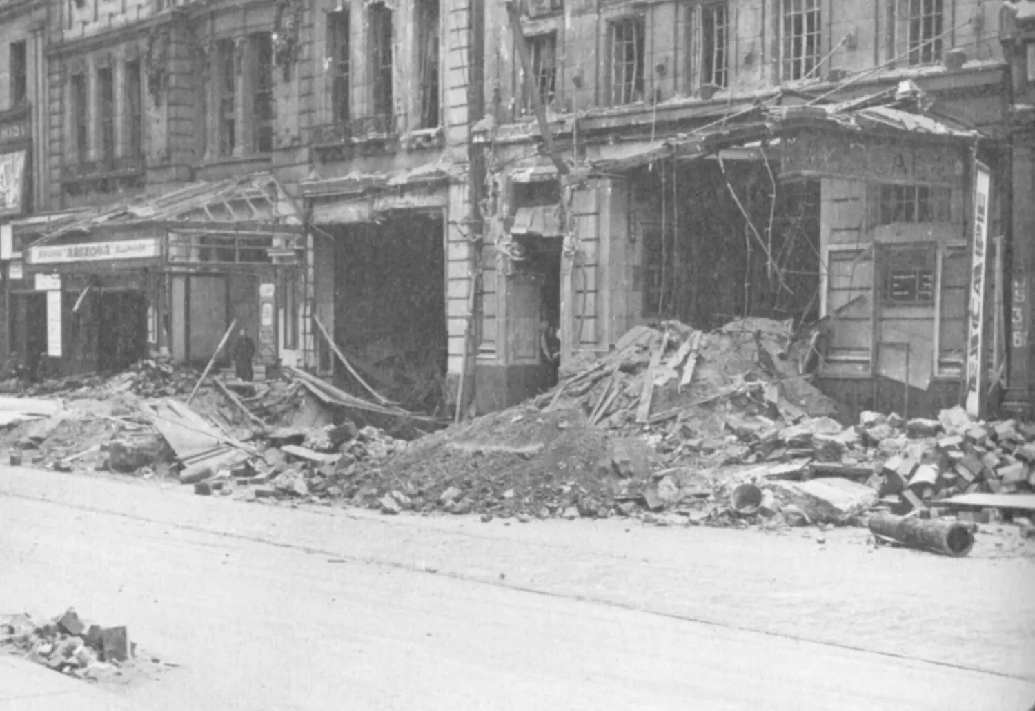 Wartime bomb damage to the Futurist and Scala cinemas on Lime Street in Liverpool