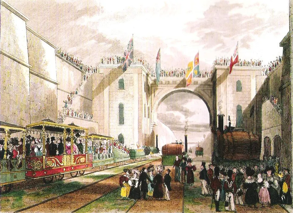 Period print of the opening of the Liverpool and Manchester Railway in 1830, with locomotives and crowds