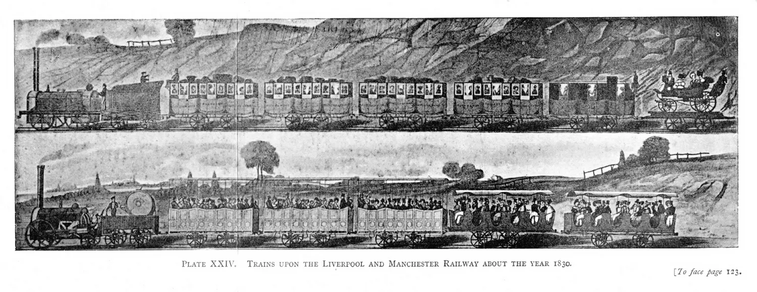 Long period engraving showing several early trains running on the Liverpool and Manchester Railway around 1830