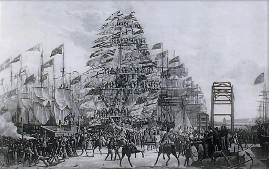 Nineteenth century print of crowds and sailing ships at the opening of Princes Dock in Liverpool in 1821