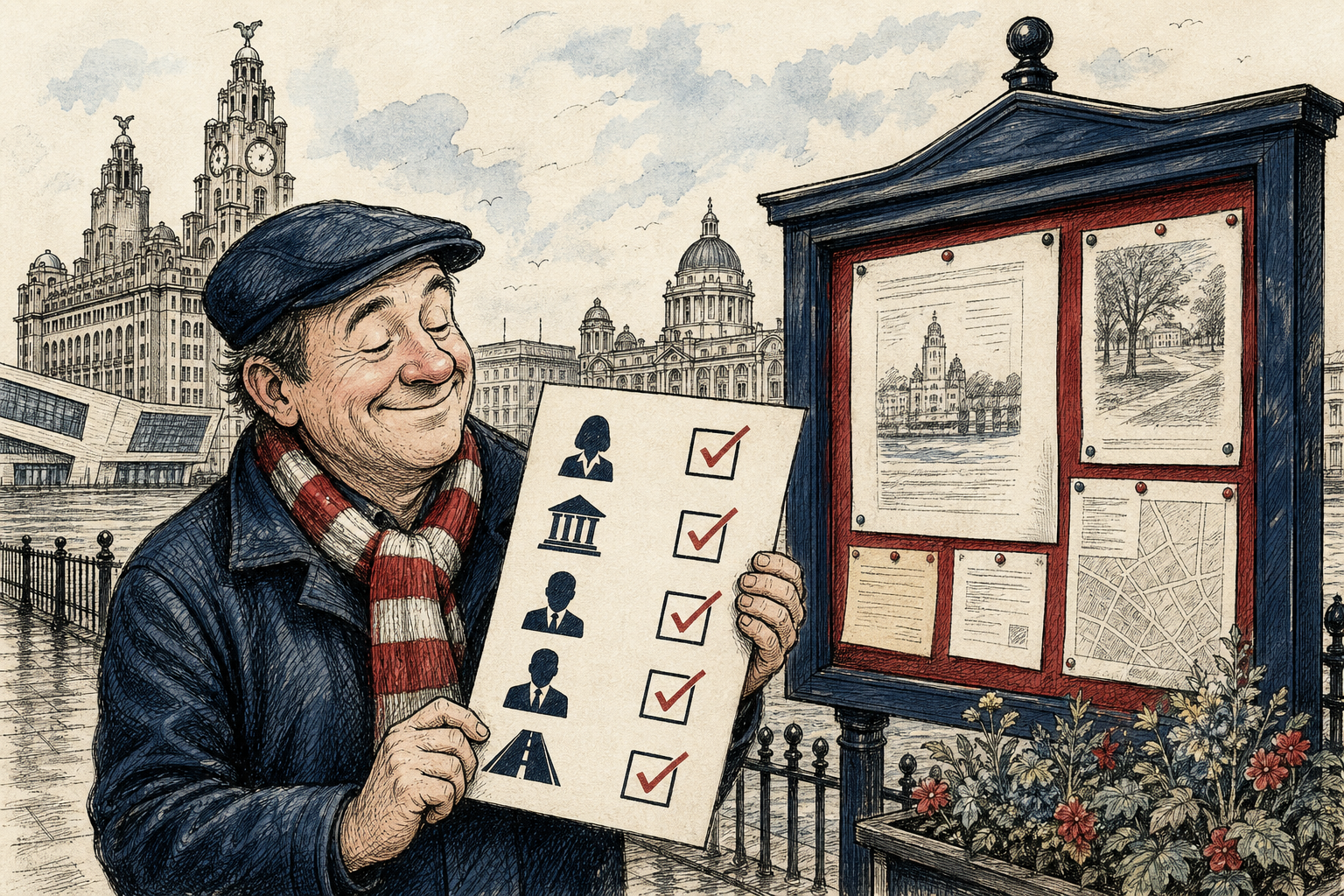 Illustration of a Liverpool resident using a contact checklist for local government problems.