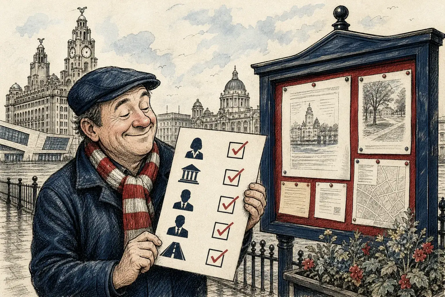 Illustration of a Liverpool resident using a contact checklist for local government problems.