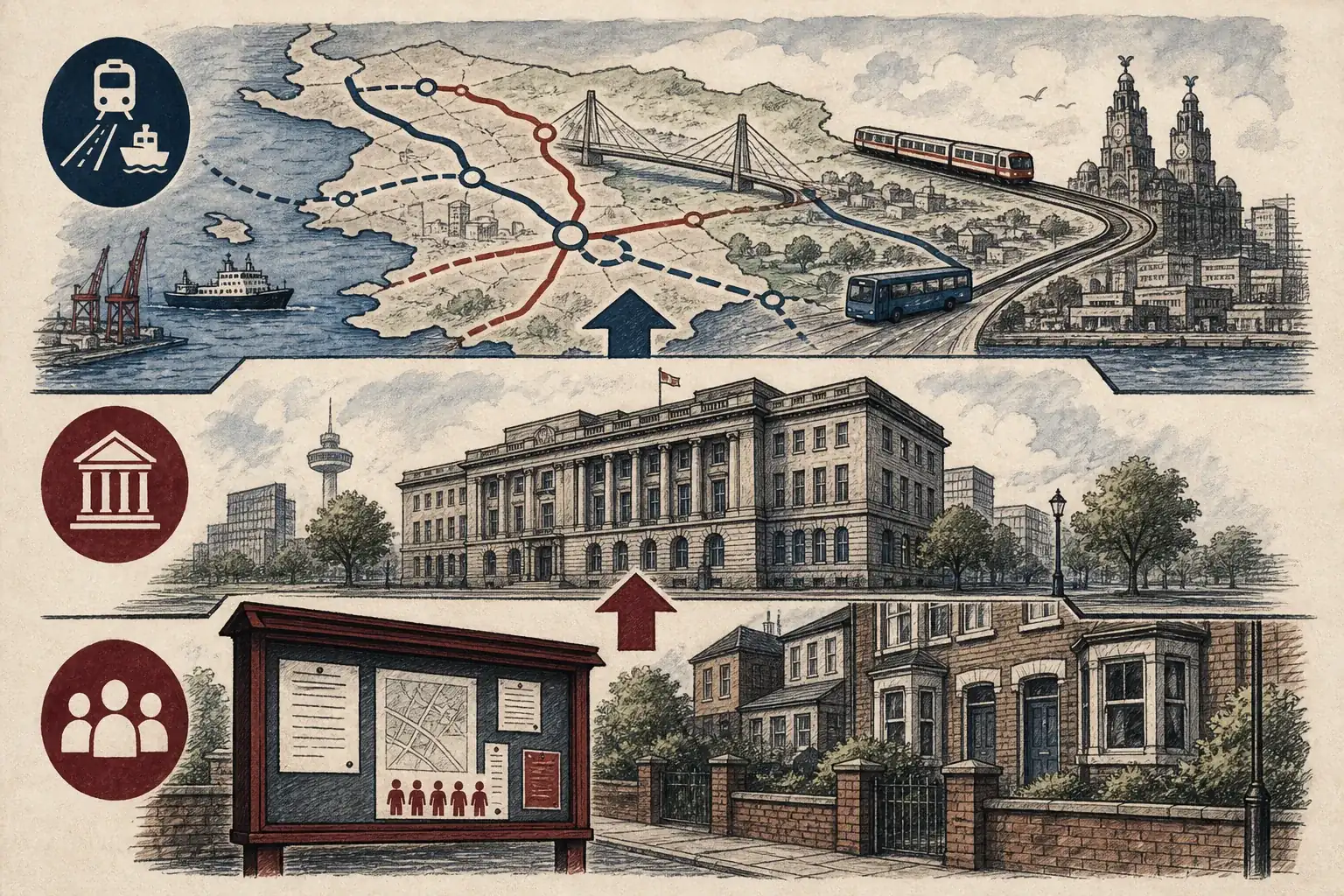 Illustration of three layers of Liverpool local government over one postcode.