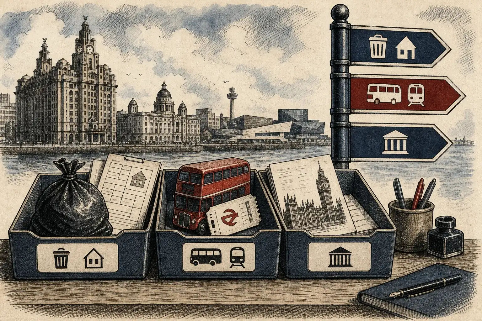Illustration of local problems sorted into council, city-region and Westminster trays.