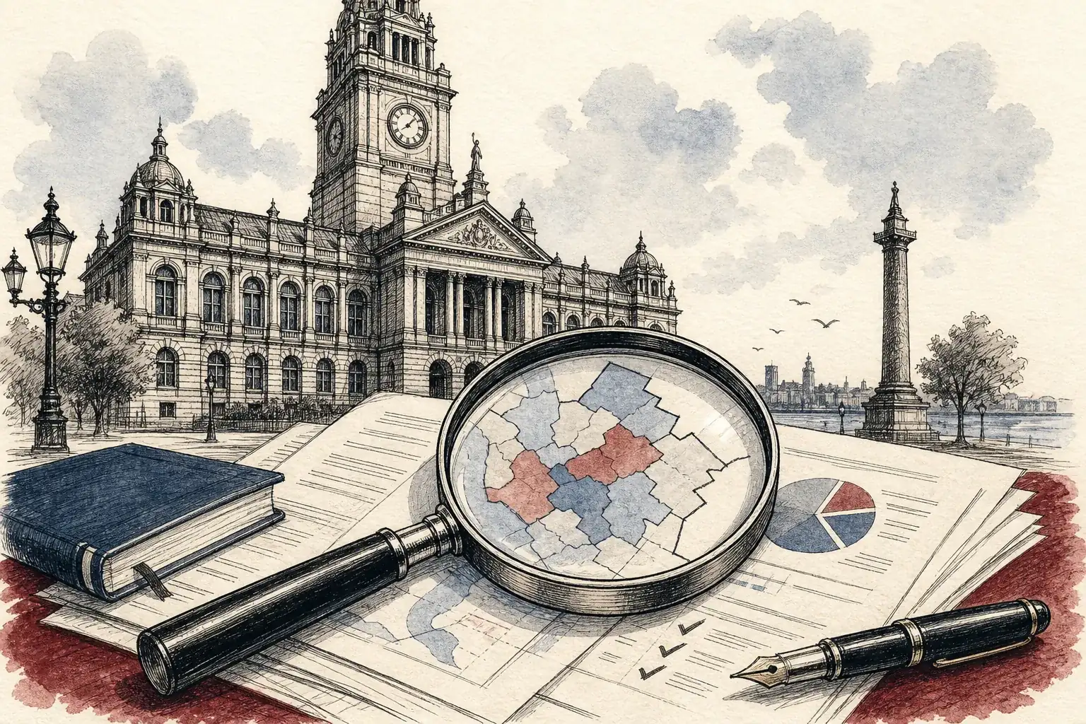 Illustration of a magnifying glass over Liverpool council papers and a ward map.