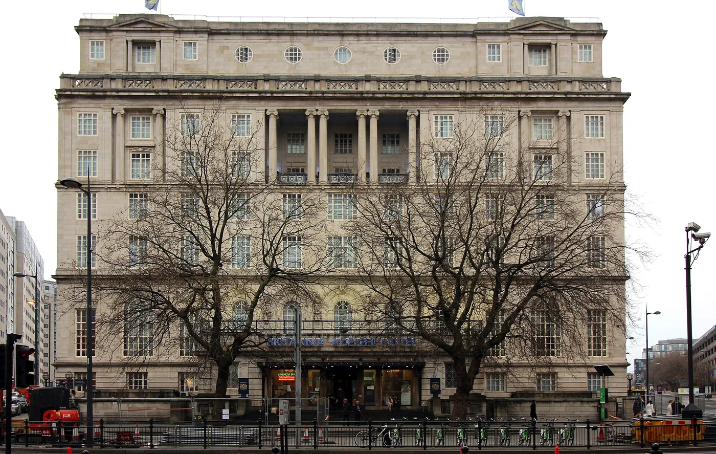 The front of the Britannia Adelphi Hotel on Ranelagh Street, Liverpool, a large stone building