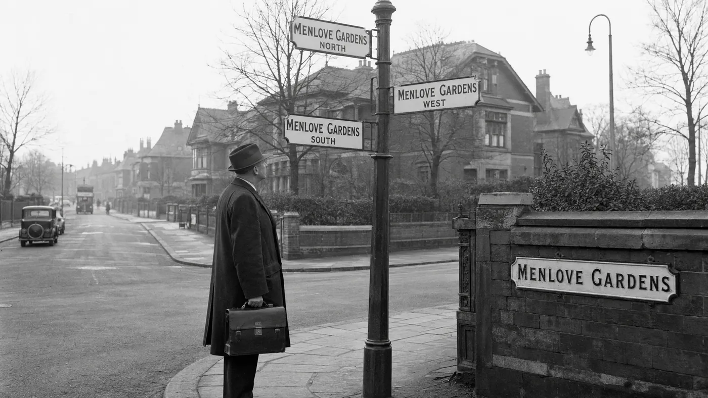 An L1 Local illustration of a man in a hat and overcoat with a briefcase, standing at a Menlove Gardens signpost that points to North, South and West but not East