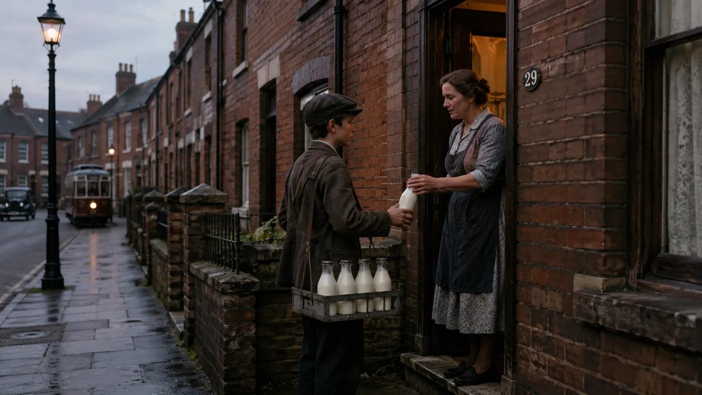 An L1 Local illustration of a teenage milk delivery boy handing a bottle to a woman at the door of a terraced house numbered 29, at dusk