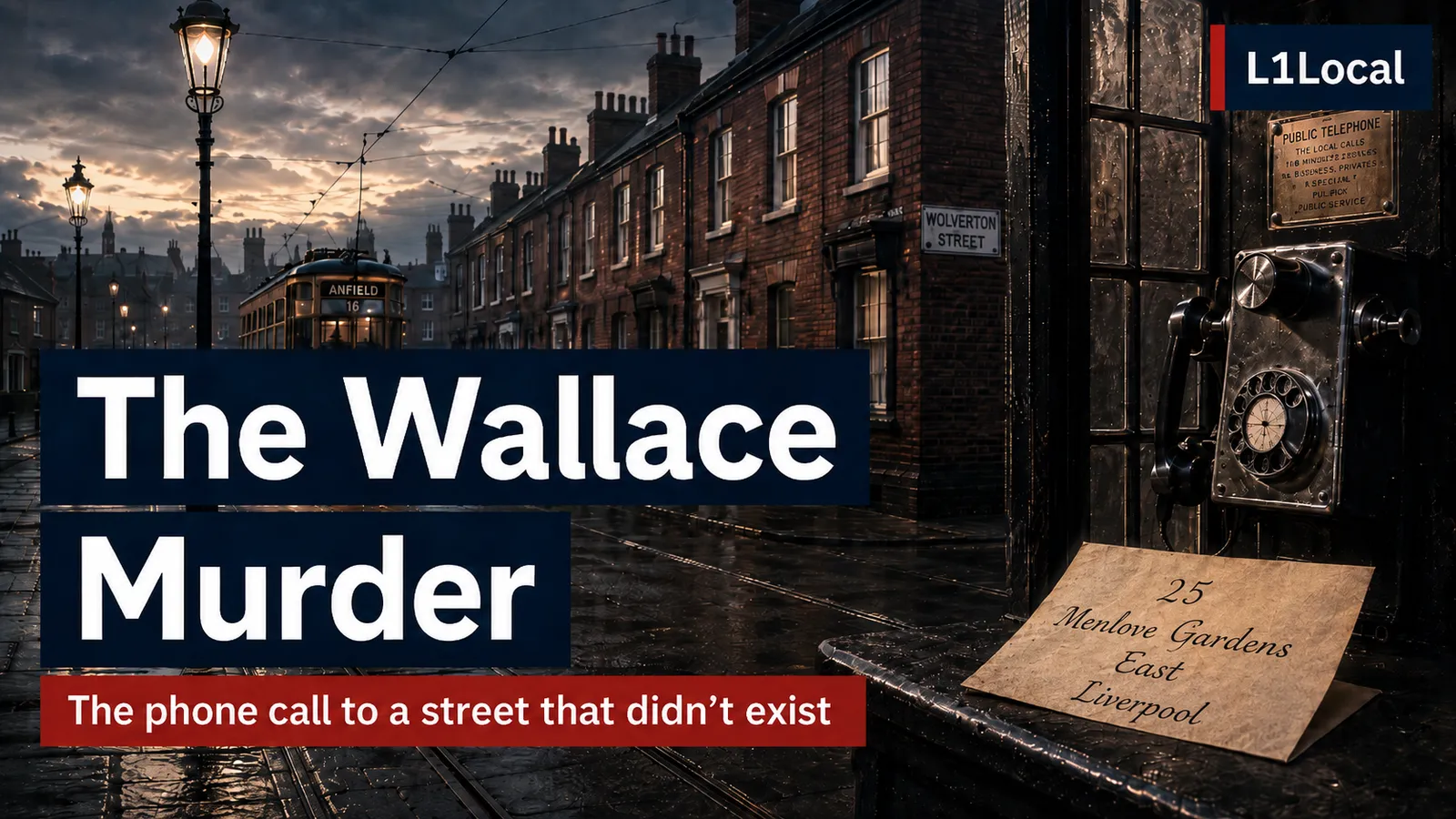 L1 Local title card reading The Wallace Murder, over an illustration of a rain-soaked terraced street with a tram, a Wolverton Street sign and a public telephone with an envelope addressed to 25 Menlove Gardens East