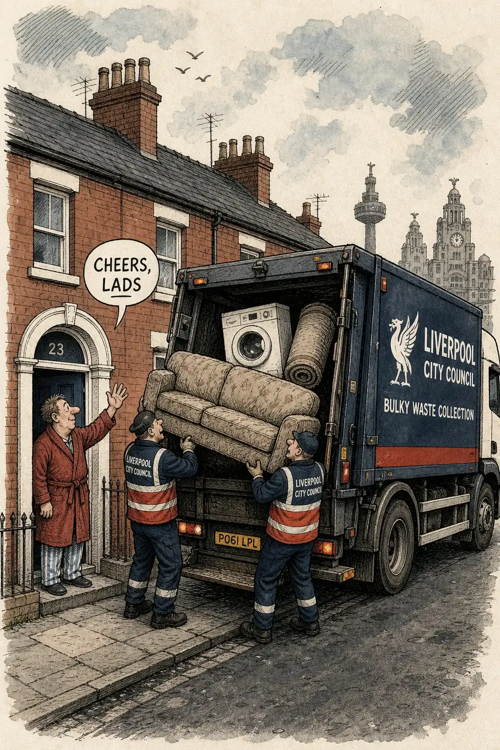 Illustration of a collection crew loading furniture and an appliance