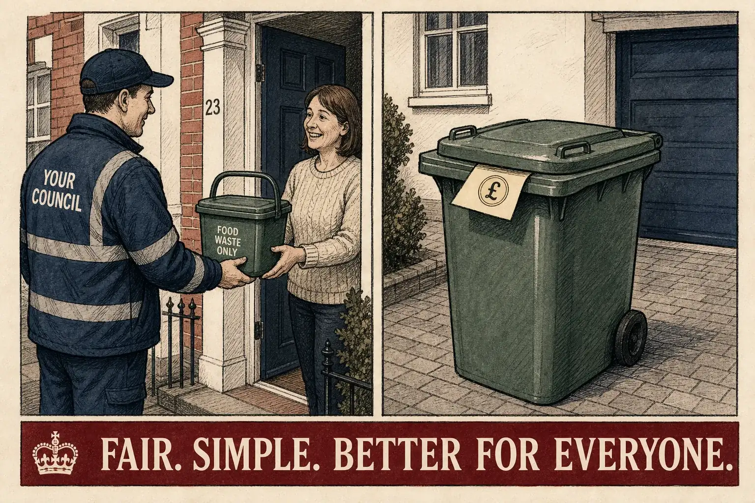 Illustration of a food-waste caddy beside a paid green garden-waste bin