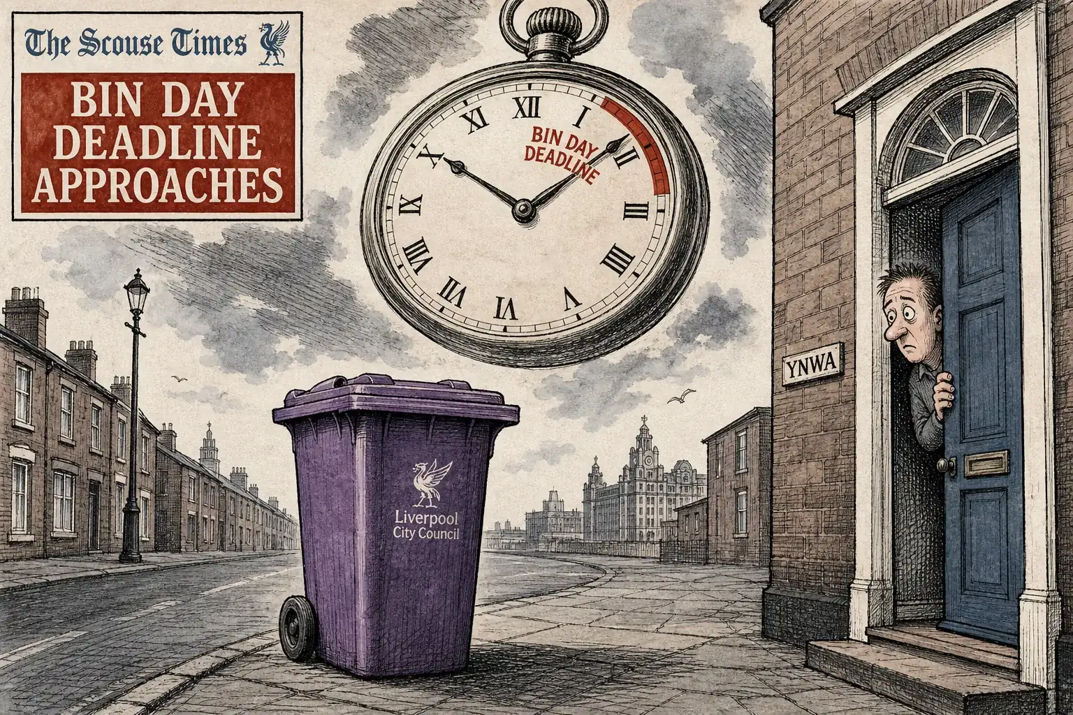 Illustration of an uncollected purple bin beside a clock