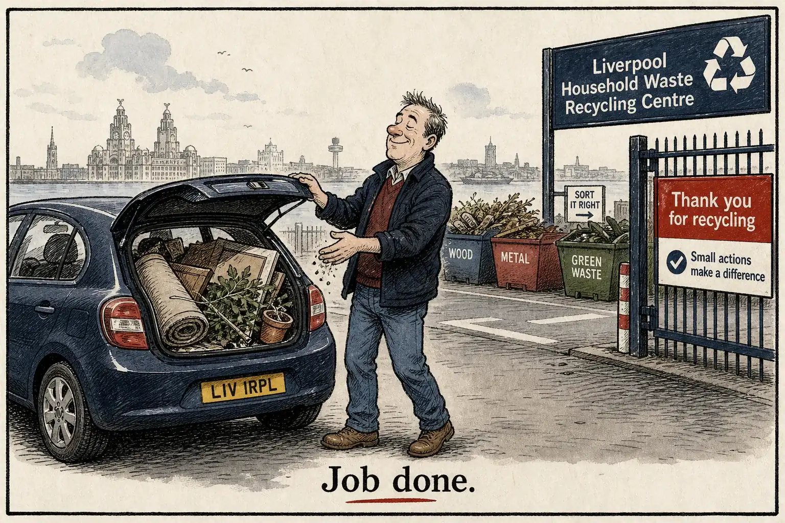 Illustration of a resident at a household waste recycling centre