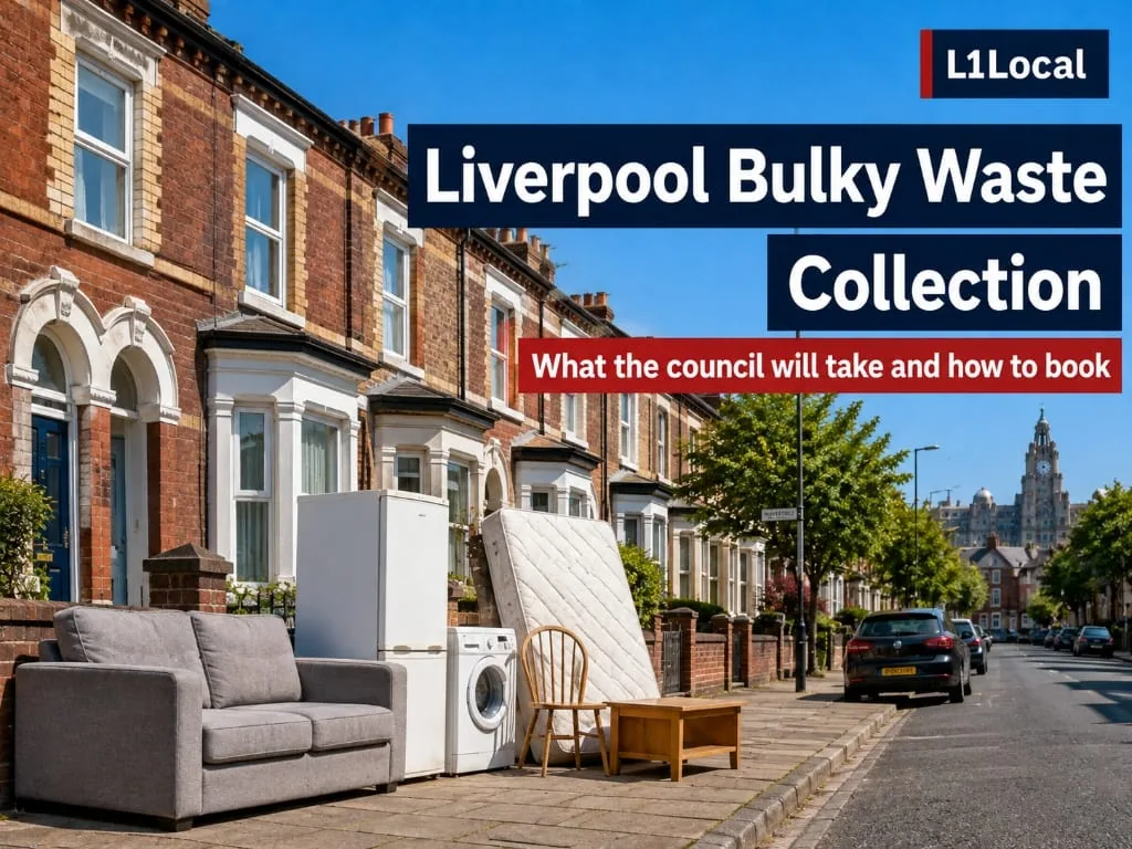 Household furniture, a mattress and appliances outside a Liverpool terraced street awaiting a booked bulky collection