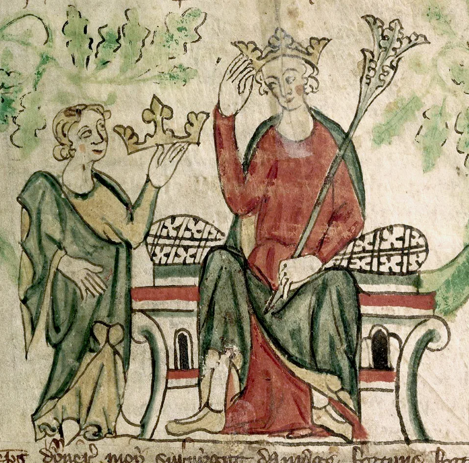 A medieval illuminated manuscript detail showing Edward II of England seated and receiving his crown