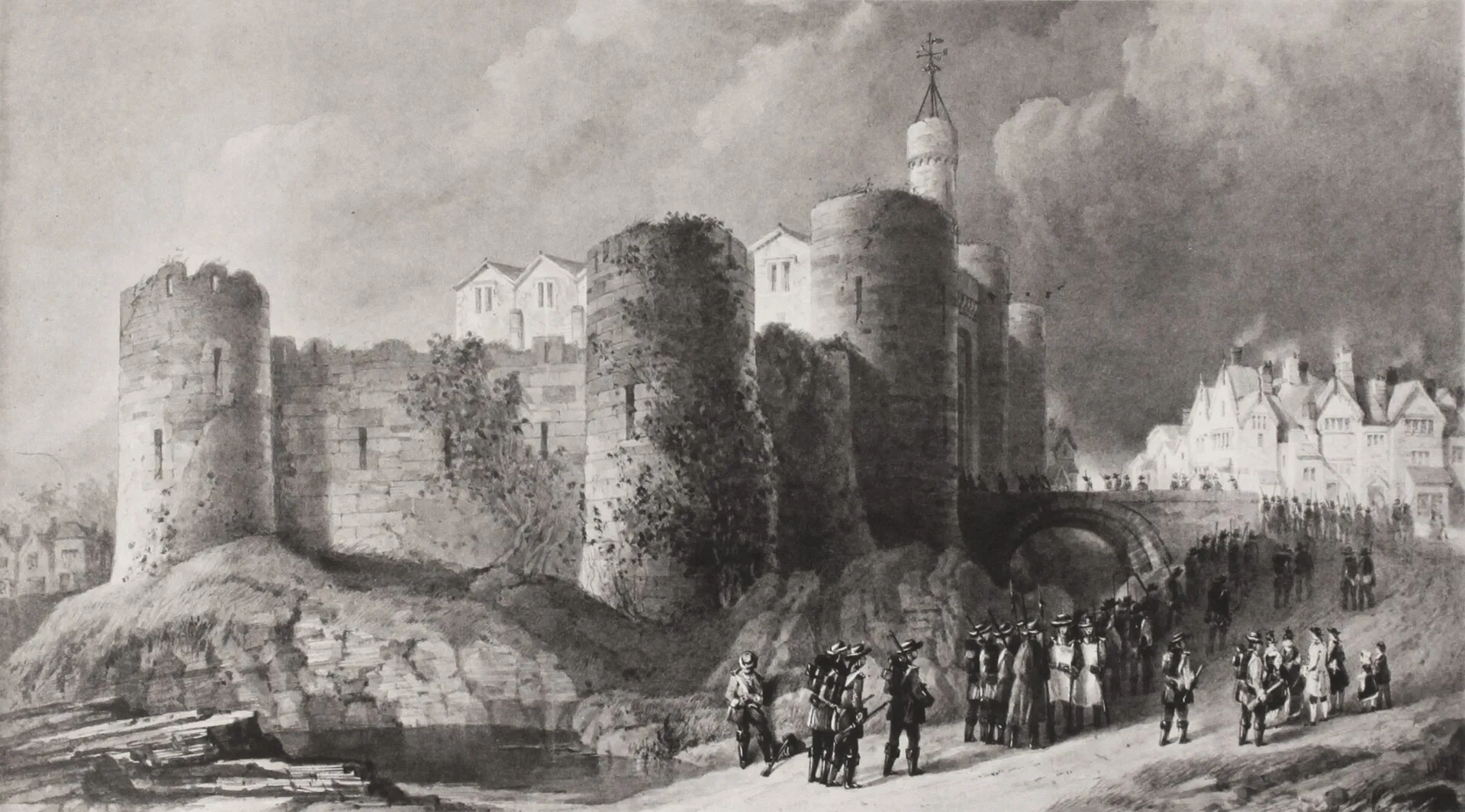 A painted view of Liverpool Castle as a stone fortress with round corner towers, a gatehouse and a dry moat, with soldiers and townspeople in the foreground