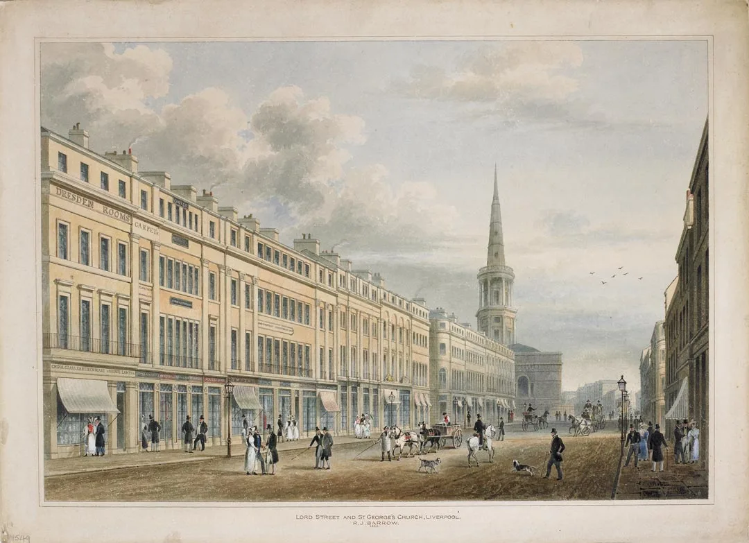 An 1828 painting of Lord Street in Liverpool with horse drawn carriages and St George's Church with its tall spire at the end of the street