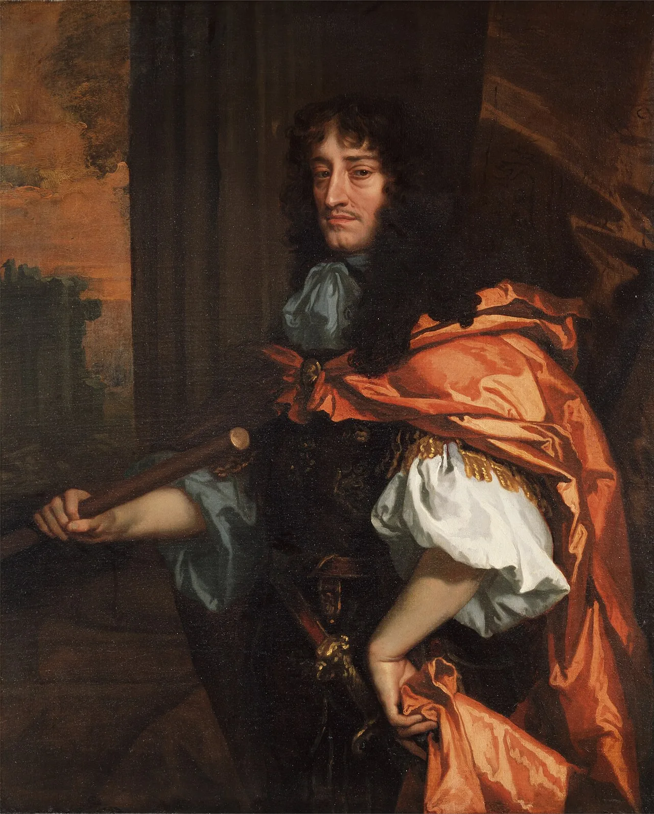 A painted portrait of Prince Rupert of the Rhine in armour, with long dark hair and a red sash