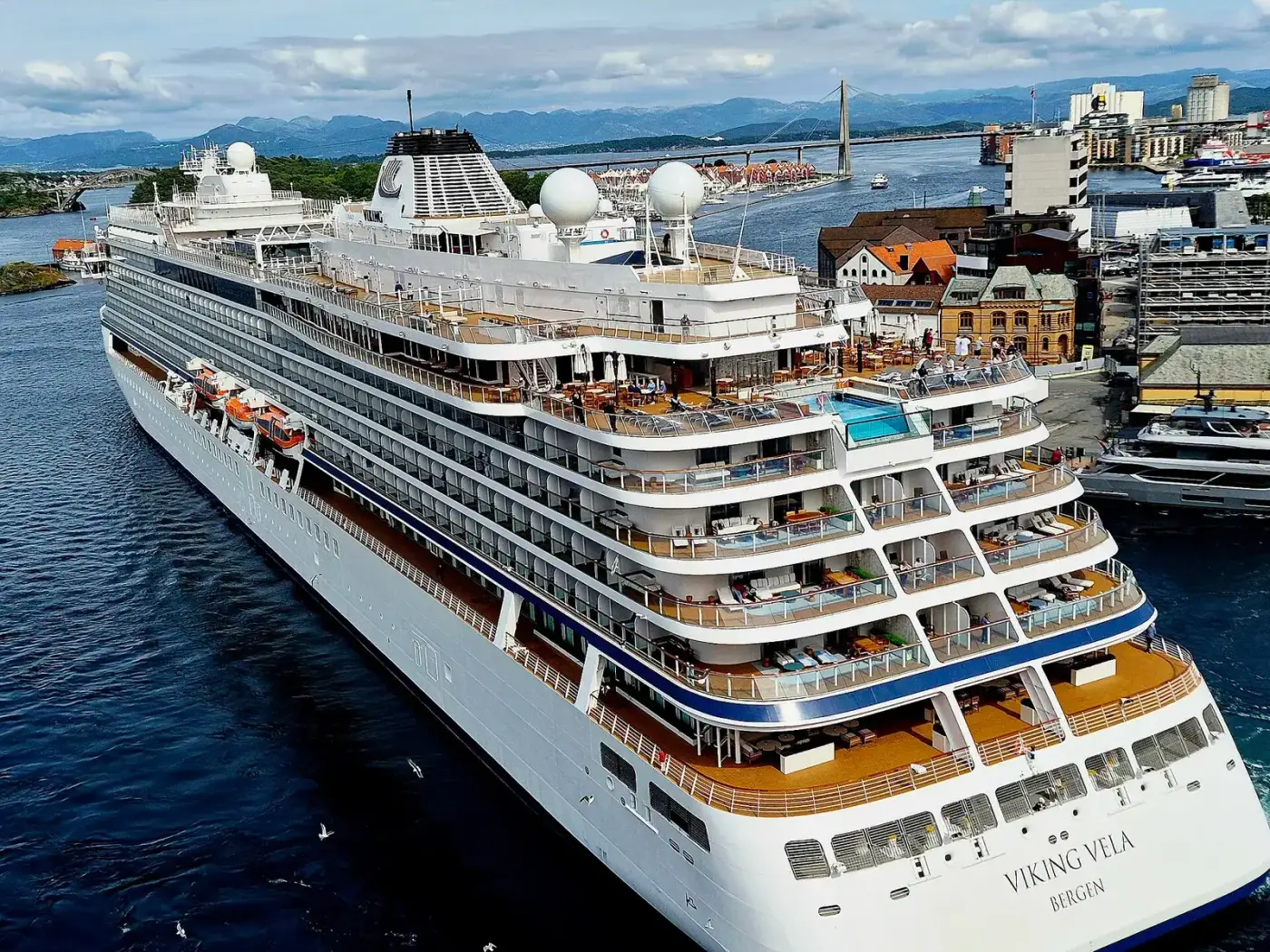 The stern of the cruise ship Viking Vela in Stavanger with its name painted across the back