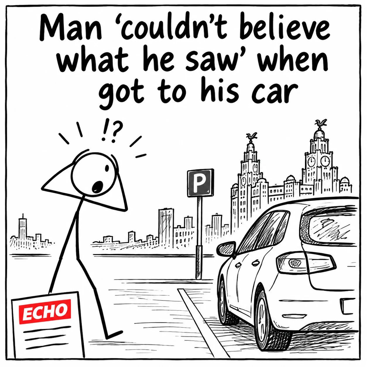 Stick-figure cartoon of a shocked man standing beside his car without revealing what surprised him